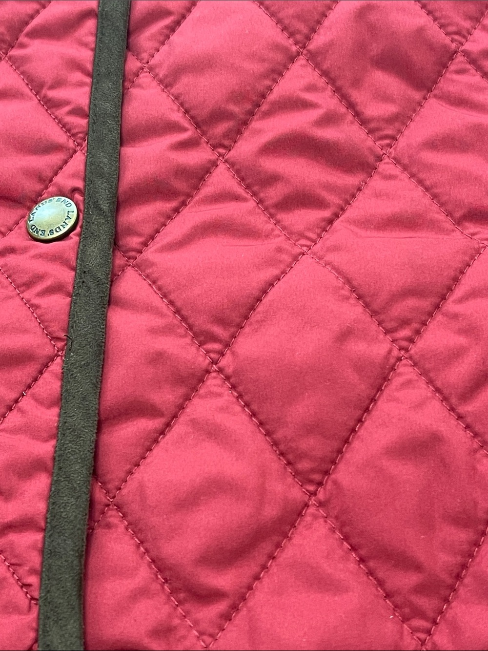 Lands’ End Cranberry Red Diamond Quilted Barn Jacket, Dark Brown Trim - Size L - Picture 12 of 16